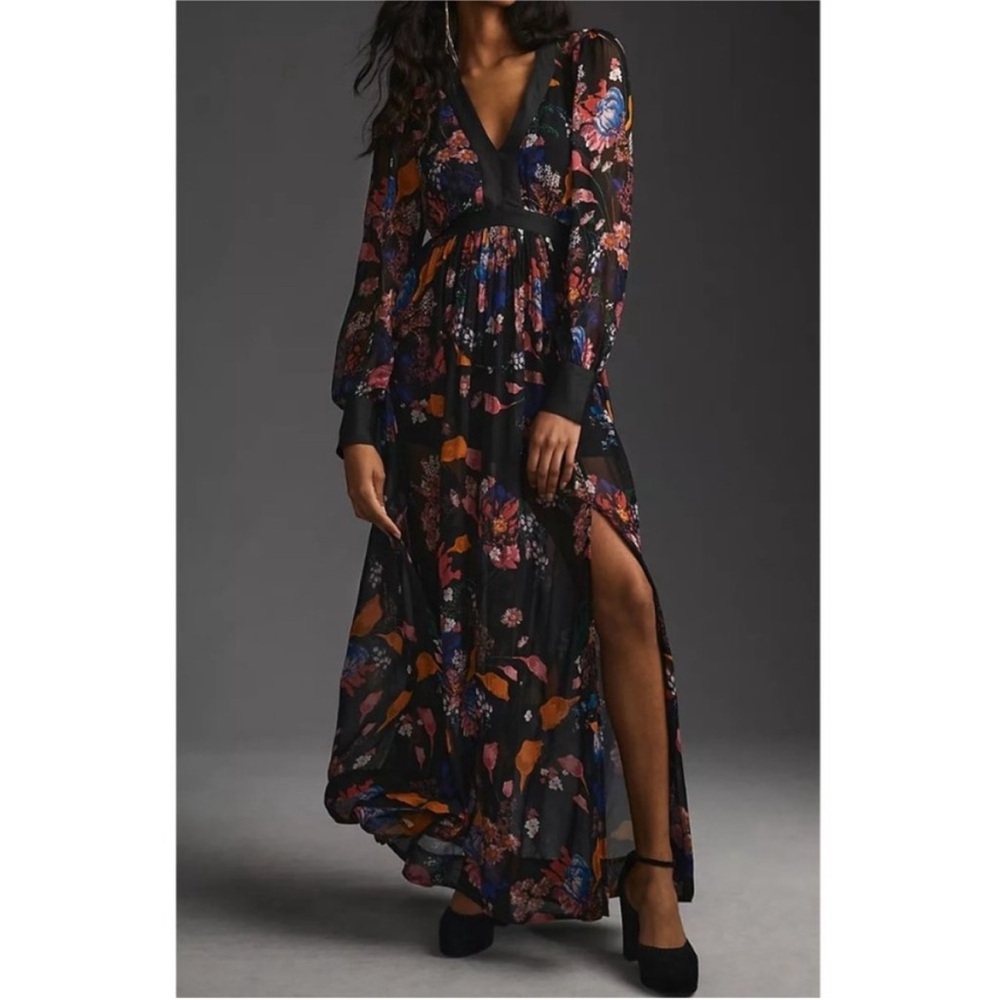 Meave by Anthropologie Black Floral Long Sleeve Sheer Dress